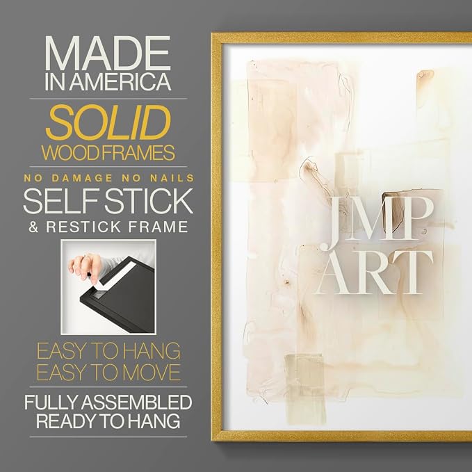 Renditions Gallery Set of 2 Peel & Stick Framed Prints, Abstract Wall Art, Mixed Handmade Oil Painting Wall Decor, Re-Stickable - Ready to Hang - 8"x10" - GOLD Frame LT588