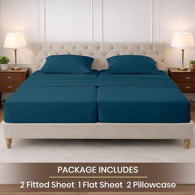 SGI Split King Sheet Set for Adjustable Bed Egyptian Premium Cotton 600 Thread Count Sheets for Sleep Number Bed 15" Deep Pocket 5 Pc Set with 2 Twin XL Fitted Sheets Soft Breathable -Teal