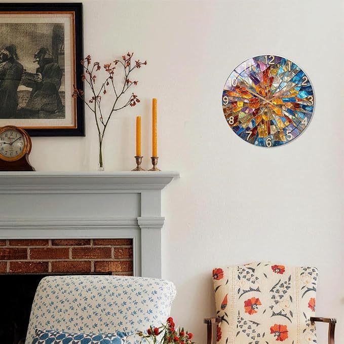 16 Inch Colorful Mosaic Glass Wall Clock Silent Art Decor | Silent glossy clock with a vibrant stained glass mosaic design, perfectly tracking time to brighten your living room