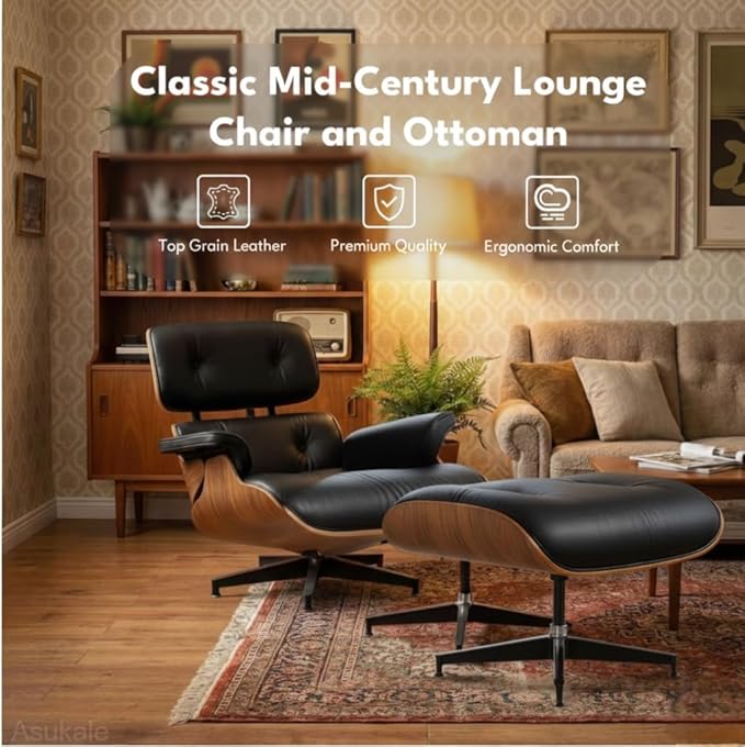 Top Black PU Leather,Mid Century Chaise Lounge Chair Indoor, Chair with Ottoman, Reading Chair, Leather Accent Chair, Modern Arm Chair, Classic Design, Heavy Duty Base Support for Living Room, Walnut