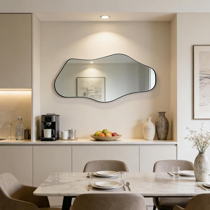 Irregular Wall Mirror, 47"x25" Asymmetrical Aesthetic Mirror with Black Metal Frame, Organic Mirrors for Entryway Hallway Living Room Bathroom Bedroom, Horizontal or Vertical Hanging