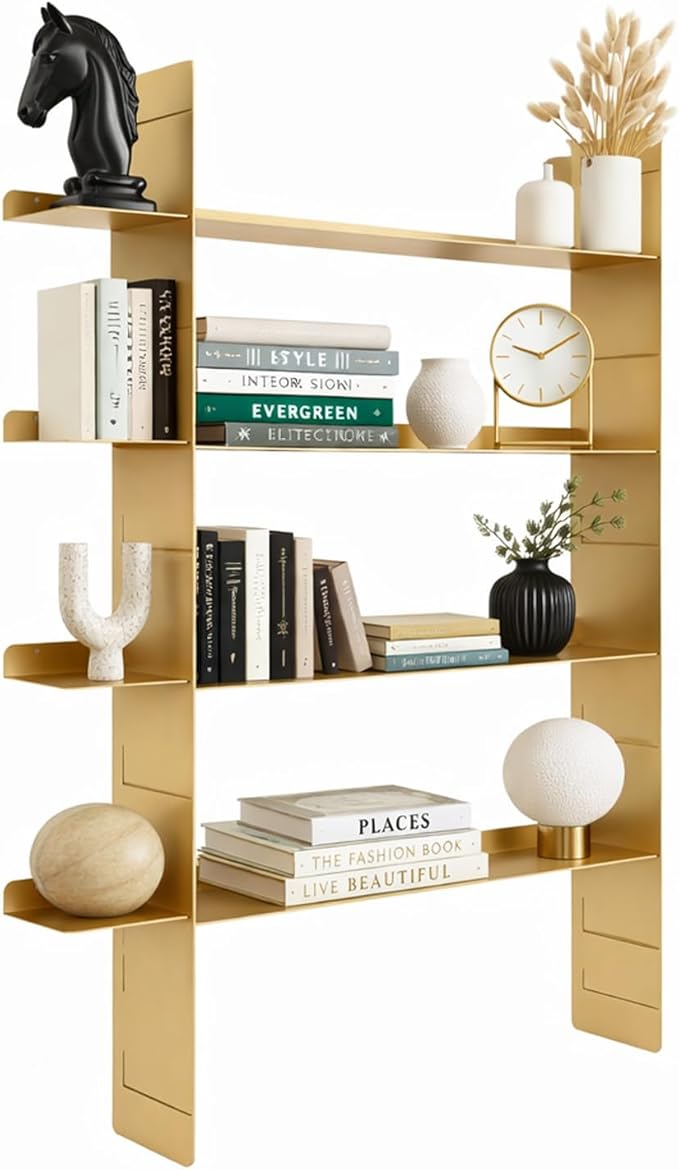 Metal Wall Mounted Floating Book Shelf, 4 Tier Storage Shelves, Easy Installation Display Shelf， 2 uprights+4 Shelves ，Storage Unit for Students, Housewives, and Collectors (Champagne Gold)
