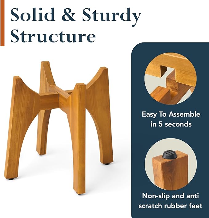 KUTE NEST 13" H x 14.8" W Acacia Solid Wood Plant Stand, Mid Century Plant Holder for Outdoor & Indoor Use, Ideal for Corso & Arco Planter, Golden Finish for Modern Home (Golden Teak, High - Small)