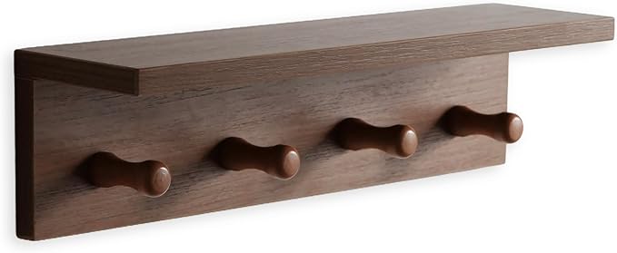 Entrance Coat Rack ，Coat Hooks, Wall-Mounted Wooden Hook Rack, Wall-Mounted Shelves are Very Suitable (Teak Colored Finish—A-1)