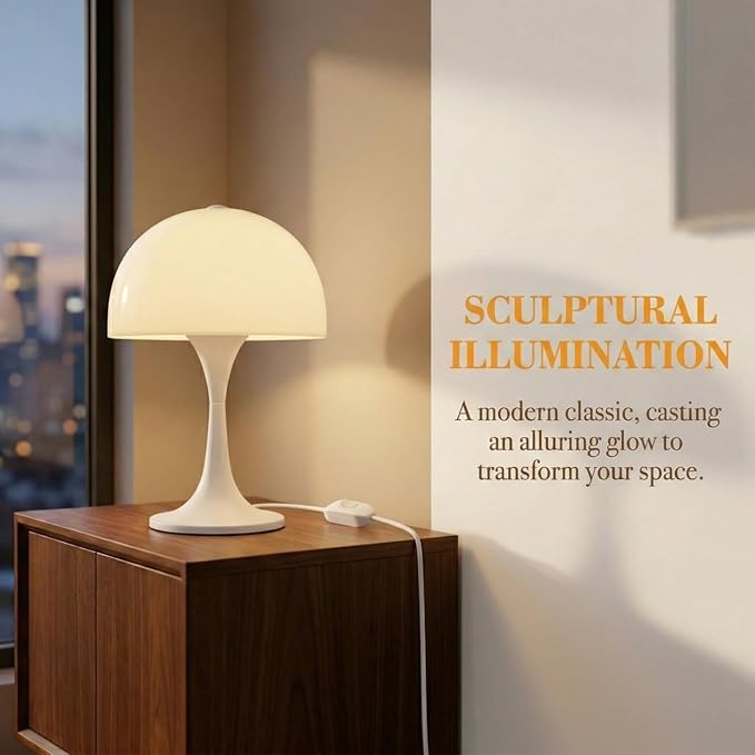 Modern Mushroom Table Lamp, Mid-Century Nightstand Lamp with Smooth Acrylic Shade & Metal Base, 3-G9 Socket Bedside Desk Lamp for Bedroom Living Room Office, Retro Decor Accent Light, Glossy White