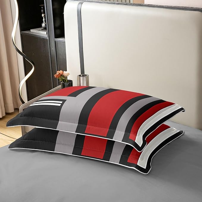 Erosebridal Red Grey Black Bedding Set Twin Abstract Geometric 100% Cotton Duvet Cover Minimalist Striped Comforter Cover for Kids Teens Adults Aesthetics Art Modern Bed Set 2 Pcs