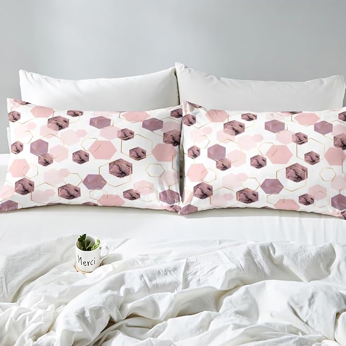 Erosebridal Modern Pink Duvet Cover for Bedroom - Marbling Geometric Art Kids Bedding, Girly Abstract Golden Striped Bed Cover for Home Decor, Queen 3 Pieces
