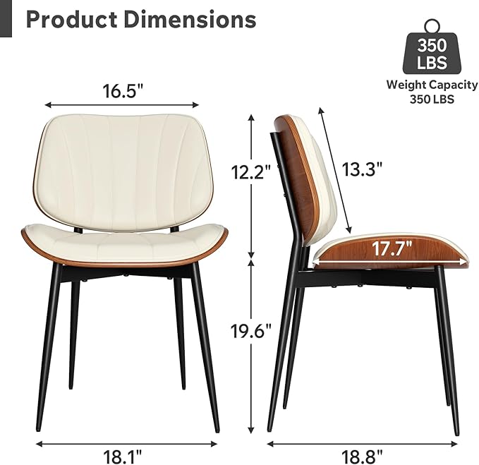 Dining Chairs Set of 6, Mid Century Modern Dining Room Chair, Upholstered Faux Leather Kitchen Chairs with Walnut Bentwood Back and Metal Legs for Kitchen Dining Room Living Room, Beige