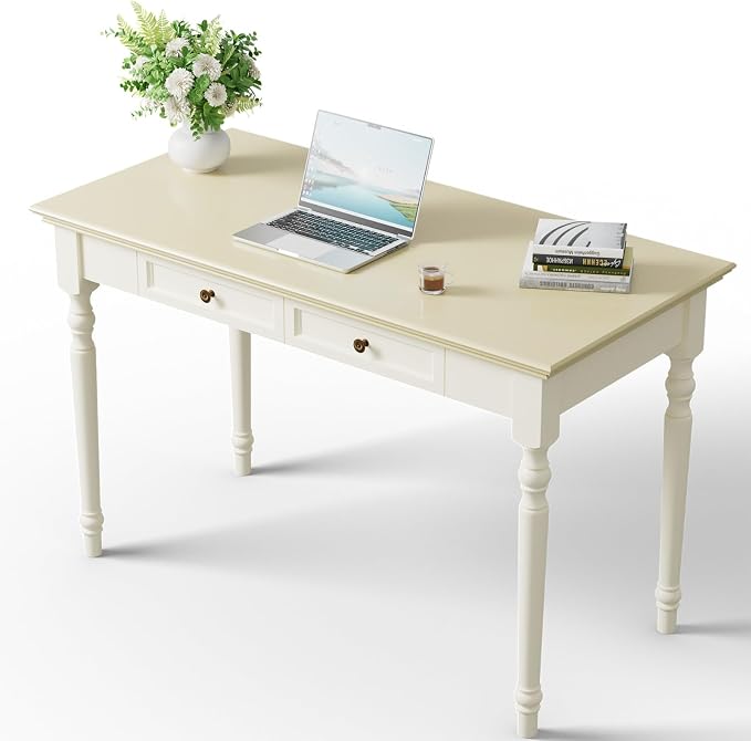 ADORZ Writing Desk with Drawers, 47 Inch French Country Desk Solid Wood Writing Desk for Home Office, Study Workspace or Bedroom (Off-White, 47 inches)