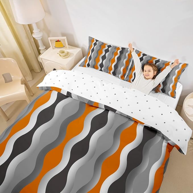 Orange Comforter Cover Mid Century Geometric Bedding Set Retro Black Grey Striped Duvet Cover for Kids Boys Girls Abstract Modern Decor Bedspread Cover Room Decor Bedclothes Queen Size (No Comforter)