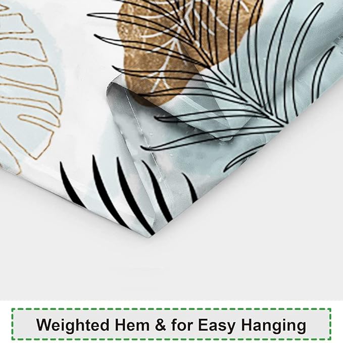 Abstract Mid Century Shower Curtain 36Wx72H Boho Geometric Light Blue Black Golden Leaves Minimalist Aesthetic Modern Art Fabric Waterproof Home Bathroom Decor 6 Plastic Hooks