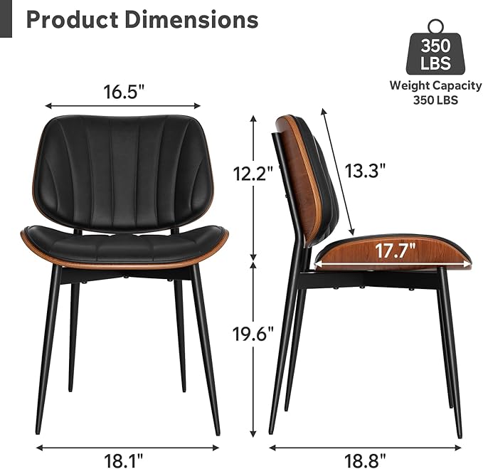 Dining Chair, Mid Century Modern Dining Room Chairs, Upholstered Faux Leather Kitchen Chairs with Walnut Bentwood Back and Metal Legs for Kitchen Dining Room Living Room, Black