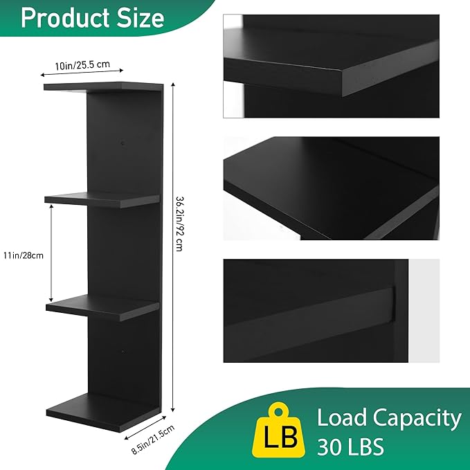 4 Tier Wall Shelf Unit,Vertical Column Floating Storage Home Decor Organizer,Black Lack Wall Shelf for Bedroom,Living Room,Office Decor(2 Pack)