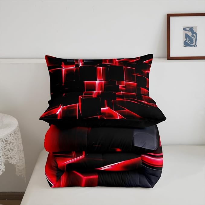 Erosebridal Red and Black Geometric Comforter Set Twin Size Modern 3D Stereoscopic Square Bedding Sets, Gradient Neon Honeycomb Duvet Set 2 Pieces Soft Microfiber Quilt for All Season