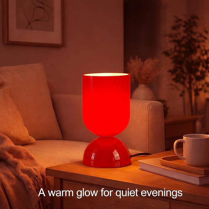 8.9'' Modern Glass Table Lamp, Dimmable Bedside & Desk Lamp for Living Room and Bedroom, UL Listed Nightstand Lamp with Dome Base, Home Decor for Office, Dorm, Side Table, Glossy Red