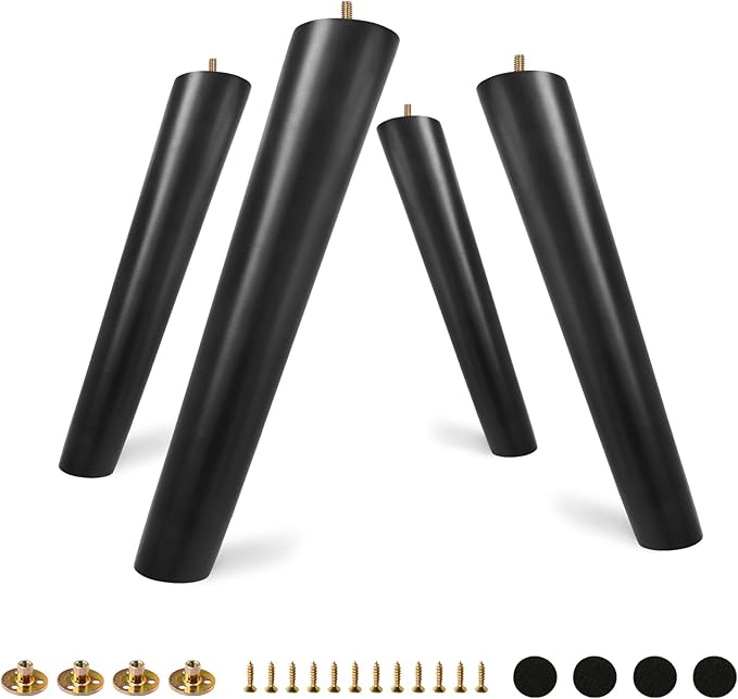 FoDau770 Black Rubber Wood Furniture Legs 12 Inches, Slant Tapered Wood Feet Mid Century Sofa Legs Set of 4, 5/16" UNC Furniture Feet Replacement Parts for Cabinet Couch Dresser Chair Ottoman Table