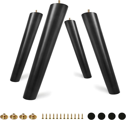 FoDau770 Black Rubber Wood Furniture Legs 12 Inches, Slant Tapered Wood Feet Mid Century Sofa Legs Set of 4, 5/16" UNC Furniture Feet Replacement Parts for Cabinet Couch Dresser Chair Ottoman Table