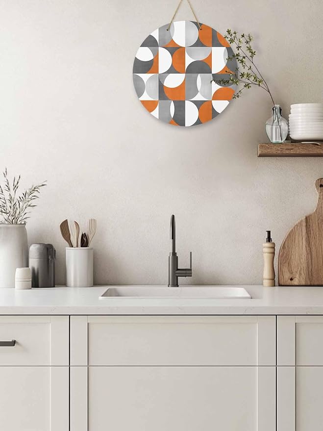 Welcome Sign for Front Door Mid Century Geometric Wood Door Hanger for Outdoor Outside Porch,10 Inch Round Wooden Wreath Indoor Wall Hanging Decoration, Abstract Modern Orange