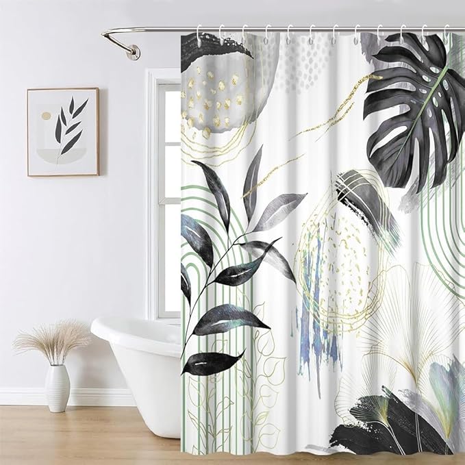 Mid Century Boho Shower Curtain Gray Tropical Palm Leaf Retro Abstract Minimalist Aesthetic Bathroom Decor Watercolor Plant Bathtub Curtains Washable Waterproof Polyester Fabric with Hooks 70x72 Inch
