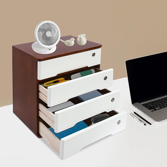 Wooden Desk Organizer with Drawers & Lock Desktop Storage Cabinet Tabletop Organizing Unit for Home Office Supplies File Stationery Jewelry (Dark Brown, 4 Tiers)