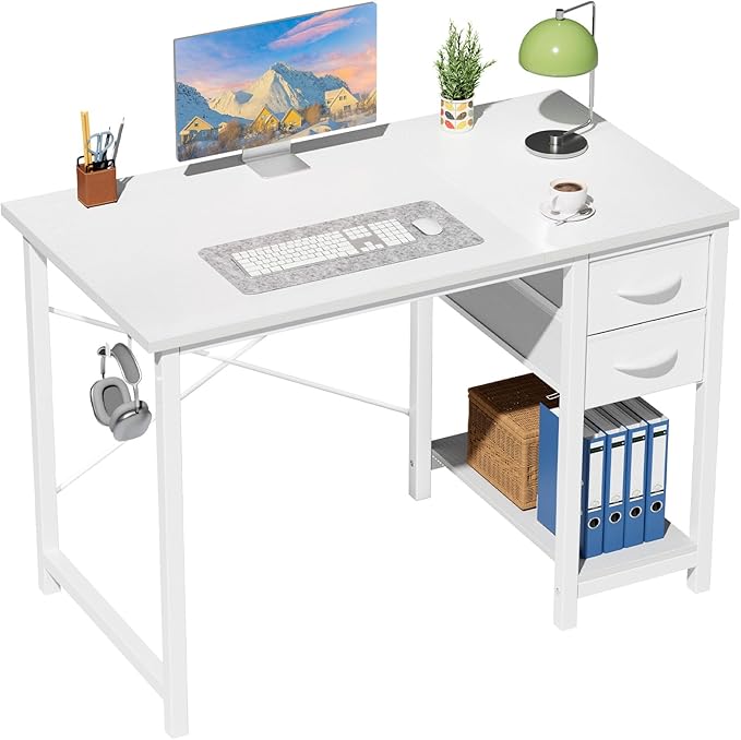 Sweetcrispy 40 Inches Computer Desk with Drawers Home Office Writing Desk X Shaped Reinforcement Modern Study Work Table Side Hook Sturdy Metal Frame Large Surface Storage Organization Station White