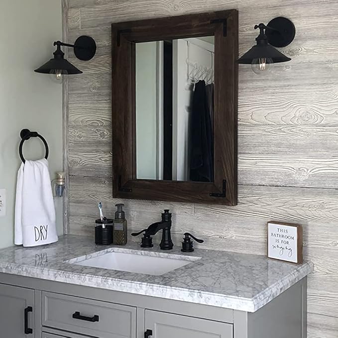 YOSHOOT Rustic Wooden Framed Wall Mirror, Natural Wood Bathroom Vanity Mirror for Farmhouse Decor, Vertical or Horizontal Hanging (26" x 18", Black)