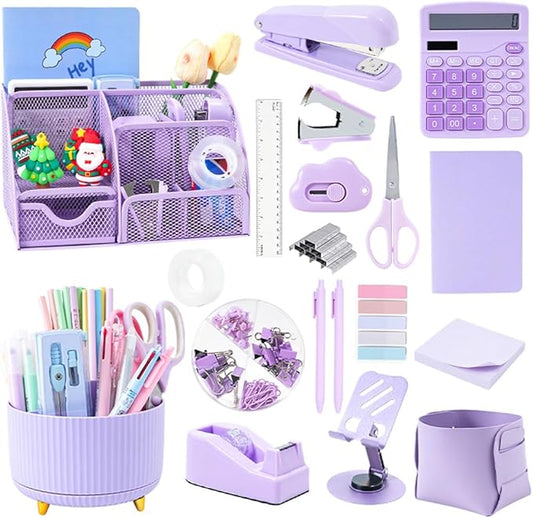 Purple Desk Organizers and Accessories with Desk Organizer 360° Rotating Pen Holder and Office Supplies, 19Pcs Cute Stationery Supplies Set