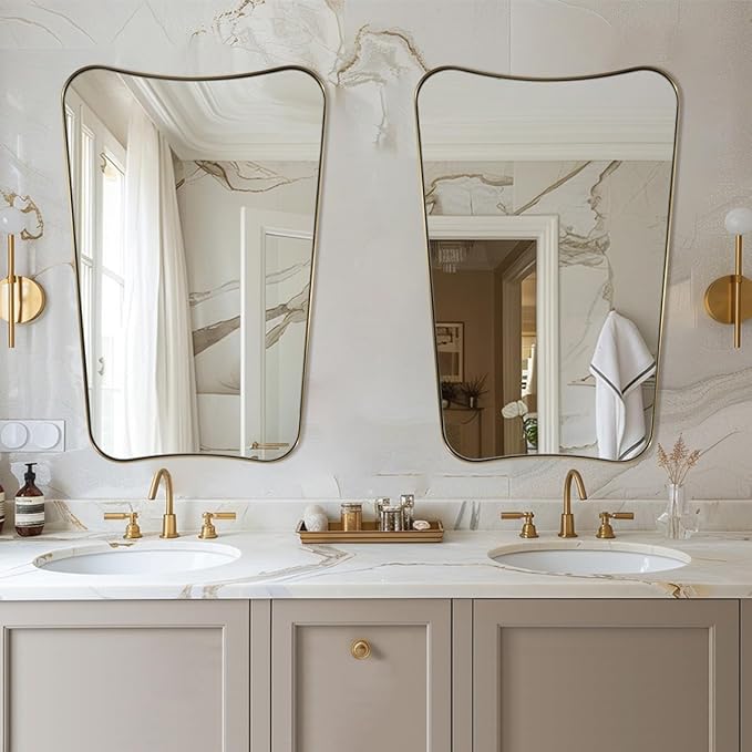 MIRRORTART Contemporary Brass Bathroom Mirrors, 24x36'' Asymmetrical Scalloped Butterfly Rectangle Gold Mirror in 1'' Stainless Steel Metal Frame for Home Decor Wall Mounted Vertical Only