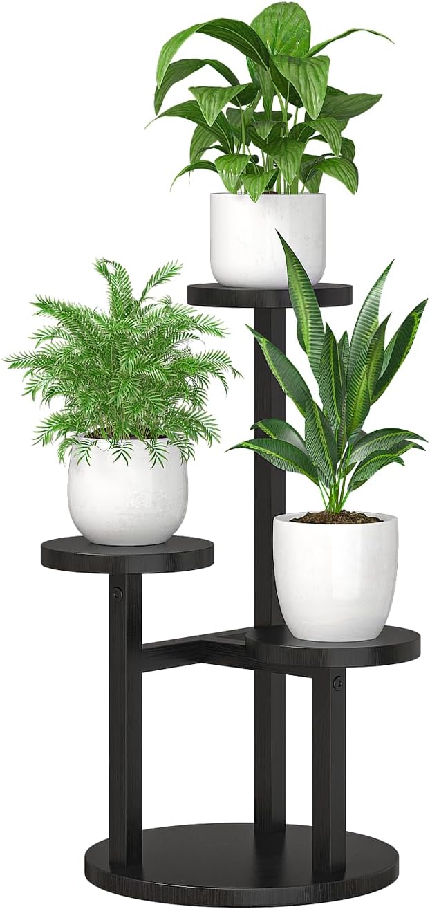 Bamworld 3 Tier Plant Stand Indoor, Corner Wood Plant Shelf for Multiple Plants, Small Tiered Round Flower Stand for Patio Garden Balcony Living Room Bedroom, Black