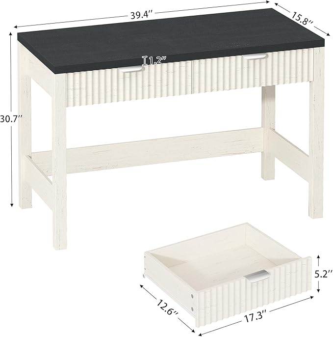 YOMILUVE Fluted Computer Desk with 2 Drawers, 39 Inch Small Computer Desk with Storage, Compact Writing Study Desk for Small Spaces, Black and White
