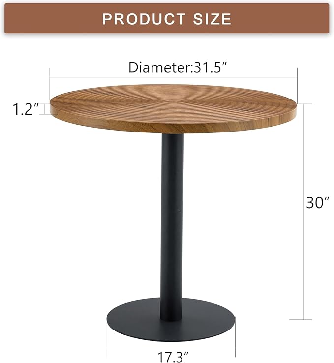 31.5 Inch Round Dining Table for 2-4 Person,Mid-Century Modern Walnut Tulip Kitchen Table, Wooden GrainTabletop with Suction Molding Annular Texture and Black Metal Base