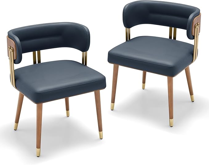 Modern Upholstered Leather Dining Chairs Set of 2 with High-Resilience Foam Cushion, Walnut Wood Veneer&Gold Metal Legs, 22Lx20.5Wx28.3Hin, Anti-Slip Kitchen Chairs for Dining Room,Navy Blue