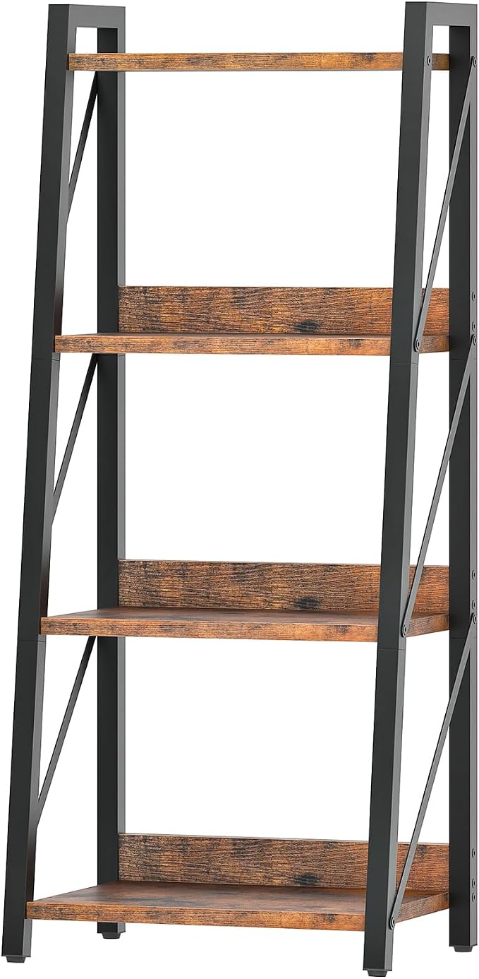 HOOBRO Ladder Shelf, 4-Tier Bookshelf, Corner Bookcase, Freestanding Storage Shelf Display Organizer, for Living Room, Bedroom, Home Office, Kitchen, Rustic Brown and Black BF304CJ01