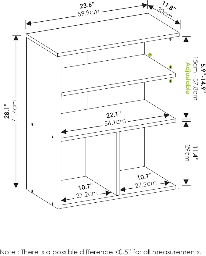 Furinno PASIR Book Shelf, 3-Tier Display Bookshelf with Adjustable Shelf, Cube Storage Bookcase, 11.8 x 23.6 x 28.2, for Living Room, Bedroom, Home Office, Black Oak