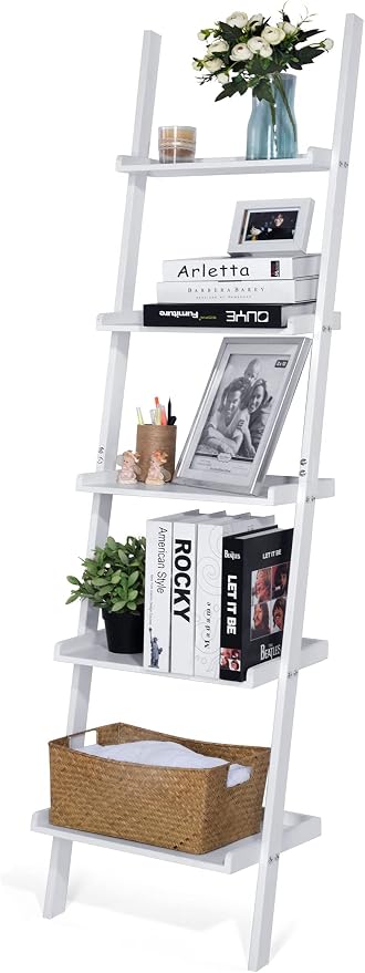 Ladder Shelf 5-Tier Bookshelf – Storage Rack Shelves Wall Leaning Shelf,White Freestanding Plant Flower Stand, Corner Display Bookcase