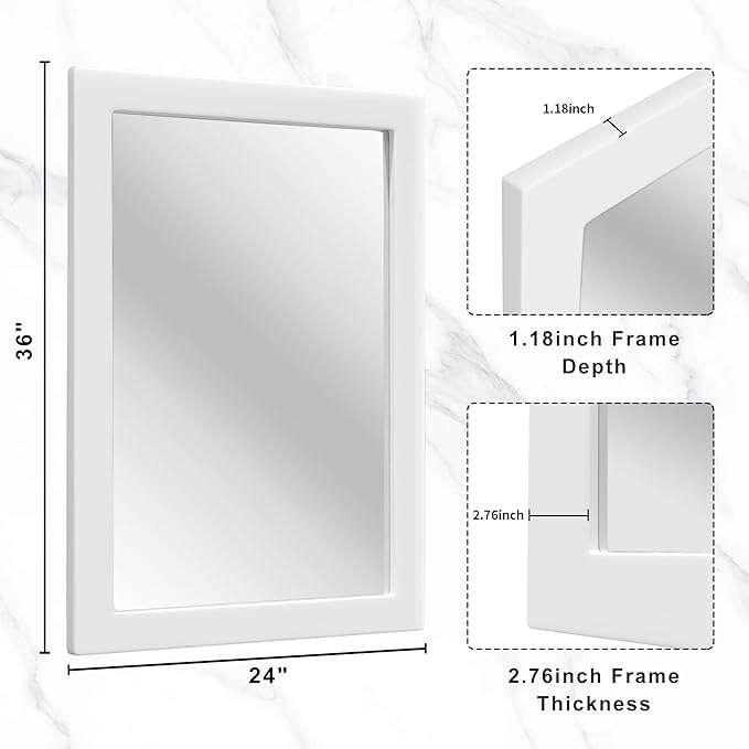 36''x24'' Rustic Wall Mirror for Bathroom White Wood Frame, Classic Rectangle Mirror Farmhouse Vanity Wall Mirror Decor Living Room, Bedroom, Entryway (White, 36''x24'')