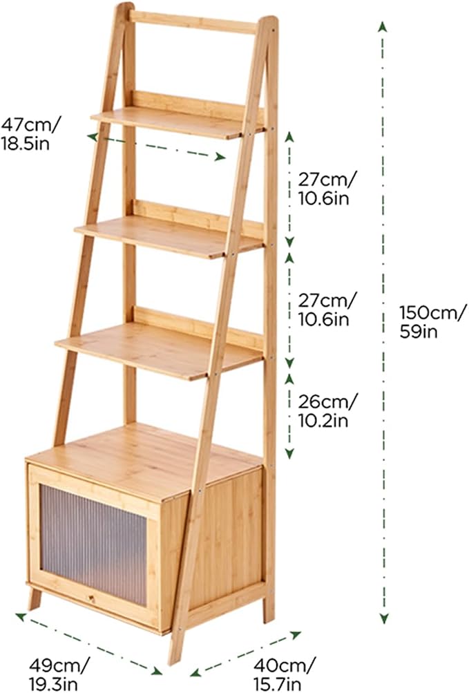 5-Tier Bamboo Ladder Bookshelf with Storage Cabinet， Mid Century Modern Bookcase Rustic Accent Furniture Open Display Rack Shelf for Bedroom Living Room Home Office, Natural