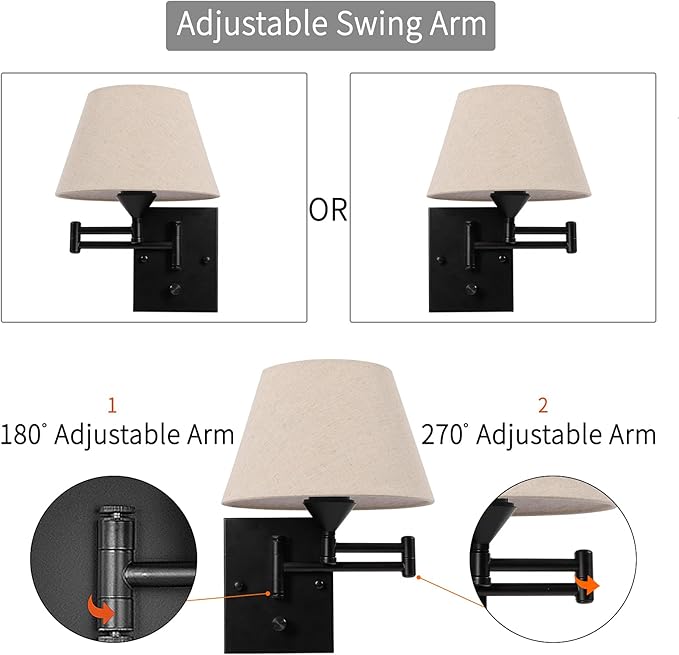 Pauwer Plug in Wall Sconce Set of 2 Swing Arm Wall Lamp with Plug in Cord and Fabric Shade Wall Light Fixtures for Hallway Bedroom Living Room (Beige Shade)