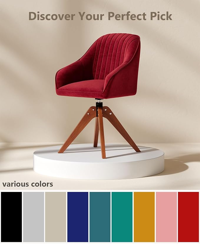 OS MOTOR Modern Swivel Accent Chair with Arms, Upholstered Desk Chair No Wheels, Mid-Century Fabric Armchair with Oak Wood Legs for Home Office, Bedroom, Vanity, Red