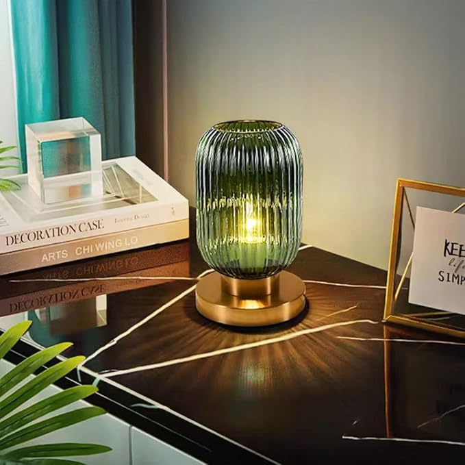 Glass Table Lamps Mid Century Modern Globe Table lamp Gold Desk lamp nightstand lamp with Green Pumpkin Design Ribbed Glass Bedside Table Lamp for Bedroom Living Room Office