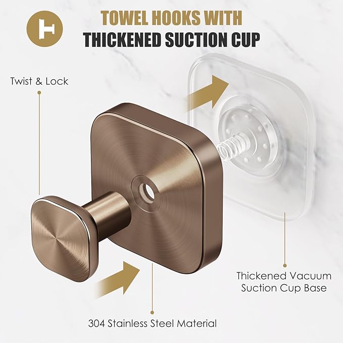 Suction Cup Hooks for Shower,Heavy Duty Shower Hooks for Bathroom Wall,Glass Windows,Smooth Doors to Hang Towels,Robes,Reusable Suction Cup Wreath Hanger for Christmas Wreaths-Champagne Bronze(2 Pack)