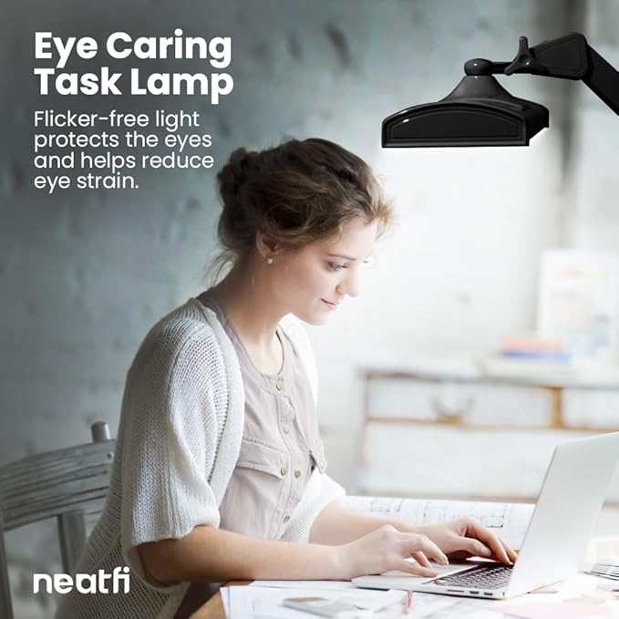 Neatfi Ultra Desk Lamp – 3,500 Lumens, 45W LED, 26-Inch Wide Shade, 5 Brightness Levels, Clamp Mount, Shadow-Free, Non-Flickering Light (Non-CCT with Clamp, Black)