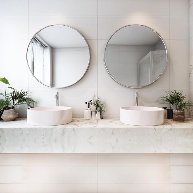 Sunniry Silver Round Mirror 24 inch, 2 Pack Silver Circle Mirror, Round Bathroom Mirrors Metal Frame for Bathroom, Bedroom, Living Room, Hallway.
