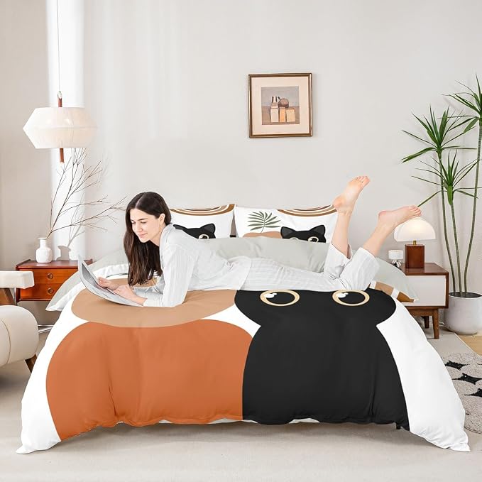 Erosebridal Funny Cat Toddler Duvet Cover Boho Mid Century Bedding Set Modern Minimalism Animals Comforter Cover for Kids Girls Boys Adults Abstract Geometric Bed Set