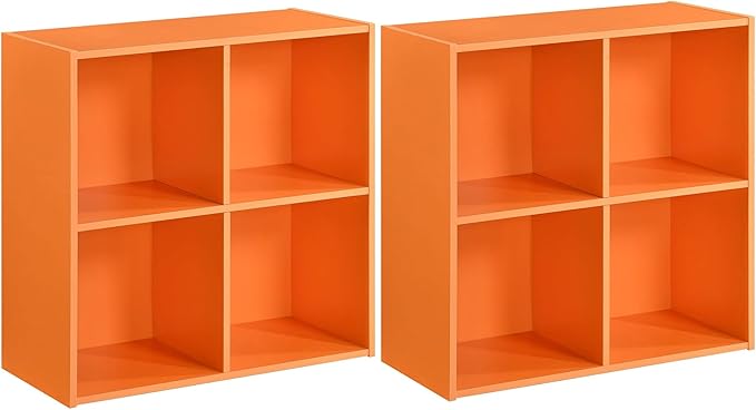 Kings Brand Furniture George 4-Cube Storage Organizer, 2-Tier Bookcase with Wood Shelves for Living Room, Bedroom, Nursery, or Home Office (Orange, 2-Pack)