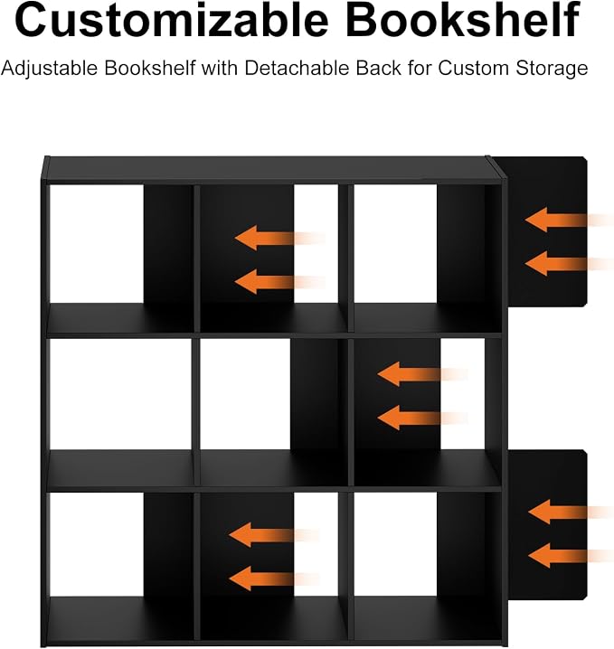 Sweetcrispy 9 Cube Storage Organizer - Open Cube Bookshelf with 5 Removable Back Panels, Display Storage Bookcase for Living Room, Bedroom, Entrance Hall, Home Office，36" Lx11.6 Wx36 H, Black