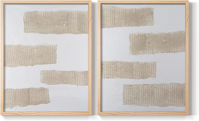 Renditions Gallery Set of 2 Peel & Stick Framed Prints, Modern Abstract Wall Art, Textured Brush Strokes Wall Decor, Re-Stickable - Ready to Hang - 22"x28" - NATURAL WOOD Frame LT588
