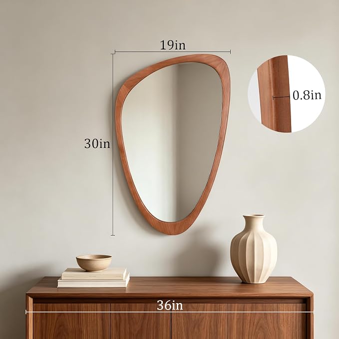 HOMECOOKIN 30.5" H x 19.5" W Asymmetrical Mirror, Irregular Wooden Wall Mirror for Bedroom, Living Room,Entryway– Mid-Century Modern Decorative Mirror, Solid Wood Frame, Pebble Shaped Design (Walnut)