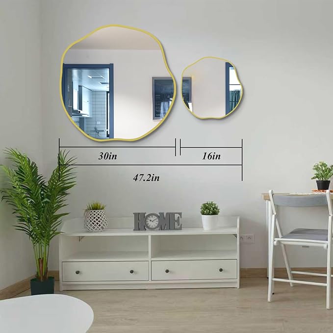 POZINO Gold Irregular Mirror, Large Asymmetrical Wall Mirror, 30" Scalloped Rounded Mirrors, Modern Frameless Abstract Mirrors for Living Room Bedroom Bathroom Entryway Hallway Fireplace