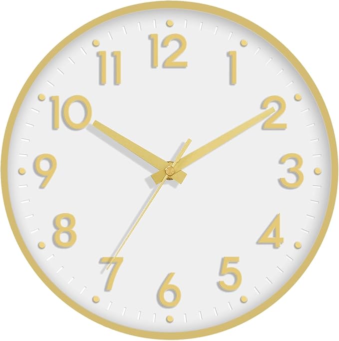 Mosewa Wall Clock 10 Inch, Battery Operated Silent Non-Ticking Modern Analog Clock Decorative for Kitchen, Bedroom, Office, Living Room(White Gold)
